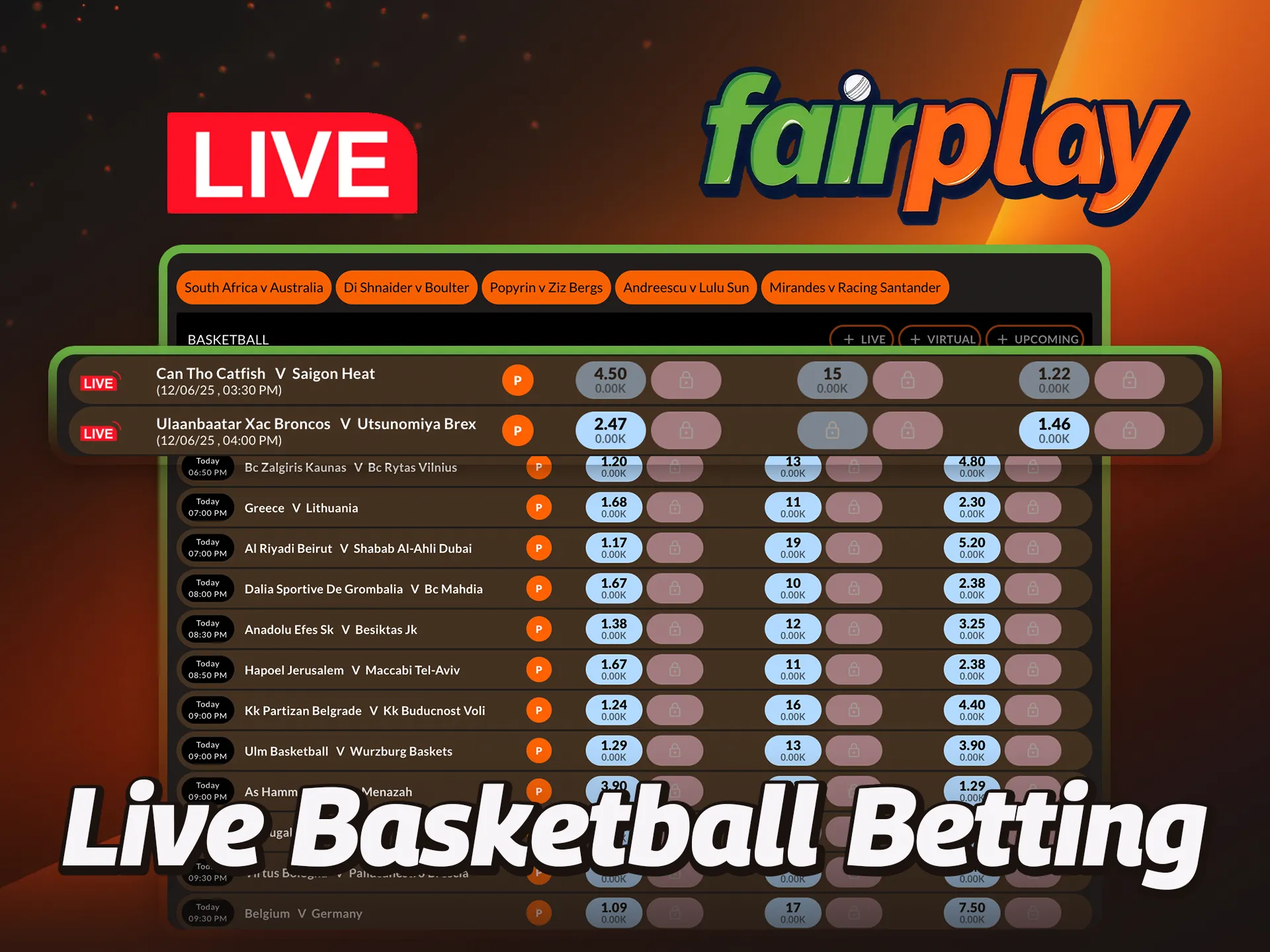 Bet on basketball while the action is happening live at FairPlay.