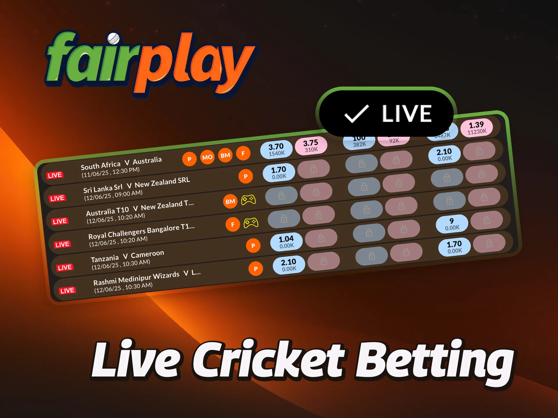 Place live betting options during any of the major cricket matches at FairPlay.