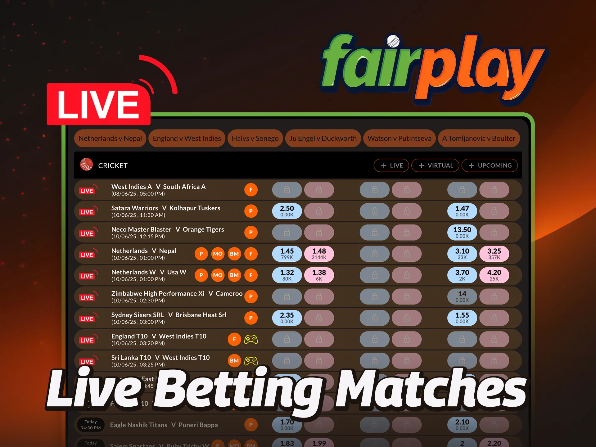 Watch sports in real time at FairPlay and place bets on sports.