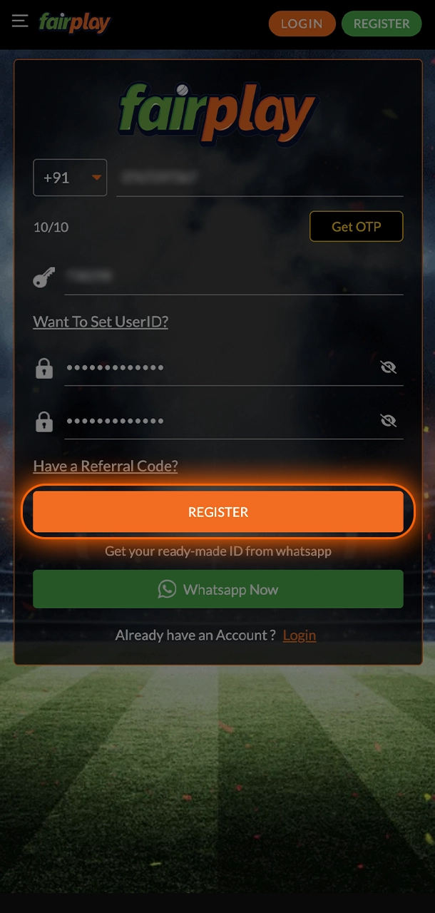 Complete your registration at FairPlay by clicking on the button.