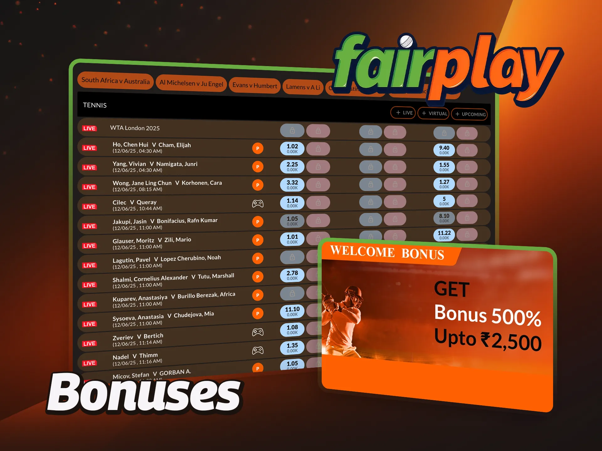 Read about bonuses for FairPlay tennis betting.
